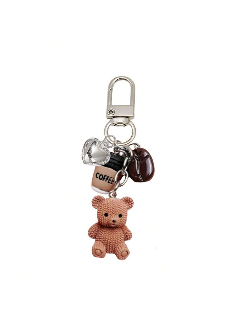 1pc Coffee Teddy Bear Keychain Pendant, Cute And Unique Bag Accessory! This Pendant Includes A Knitted Teddy Bear, A Mini Coffee Cup, A Coffee Bean, And A Shiny Heart-Shaped Charm, Made Of Mini Resin Material, A Fashionable Women's Accessory, Can Be Used As A Home Key Chain, Bag Decoration, Earphone Pendant, Or Phone Case Charm. - Multicolor - View 13