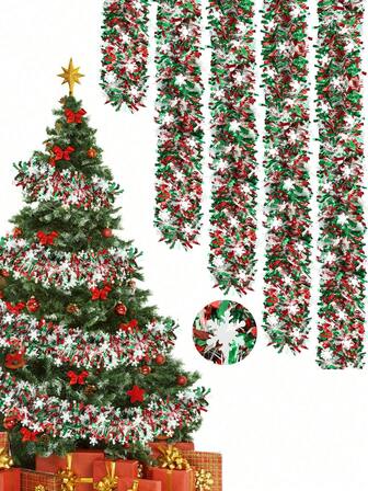 200厘米圣诞雪花金属丝花环，红绿金属扭纹悬挂花环，带雪花闪光，加厚金属丝花环，圣诞树装饰，适用于圣诞树、壁炉、室内外家居装饰