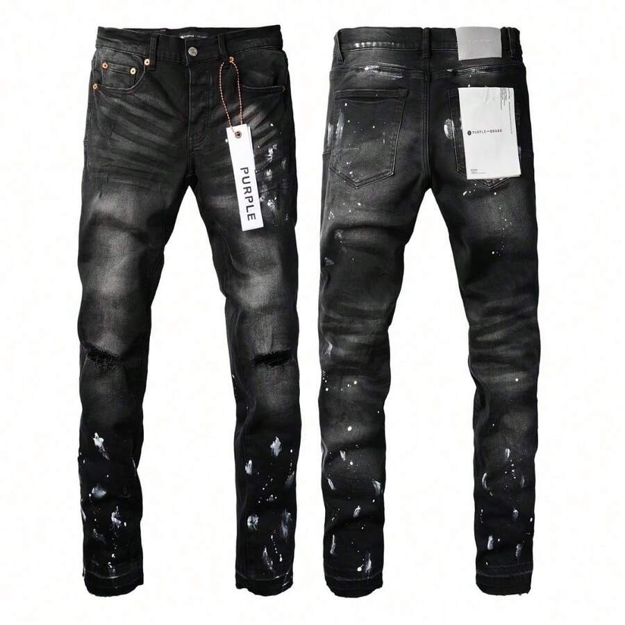 Men Jeans Boys Stretch Slim Fit Skinny Pants Splash Ink Graffiti Ripped Patch Casual Denim Trousers For Spring Summer European  Brand Durable Stain Resistant Comfortable Lightweight Fashionable Streetwear - 黑色 - 查看 1