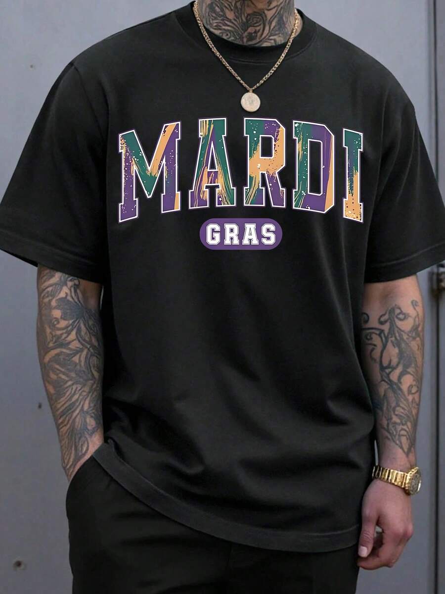 Black T Shirt Mardi Gras Colorful Text Design For Festive Celebrations, 220g - Black - View 1