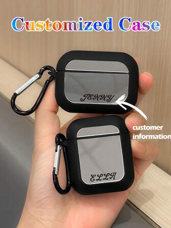 1pc Customizable Personalized Text, English Name, Slogan Epitaph Design Earphone Protective Case, Minimalist TPU Black Soft Shell, Mirror Hanging Hook, Black Electroplated Carabiner Earphone Case, Compatible With AirPods 2/3/4/Pro