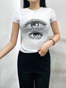 女士圆领短袖T恤，夏季新款眼睛图案字母印花，时尚修身露脐上衣 - 白色 - 查看 2