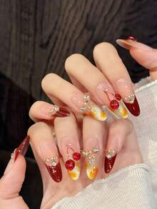 10片樱桃金酒红色蝴蝶结水钻亚克力按压式美甲贴片，可爱中号樱桃棺材形/椭圆形假指甲，法式美甲，DIY美甲用品，可重复使用，含果冻胶和指甲锉，日常、情人节、新年必备 - 酒紅色 - 查看 18