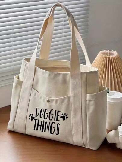 Bolso de mano con estampado de letras "Dog Mom", bolso de tela para mujer, estilo preferido - gran capacidad, mochila de hombro con múltiples bolsillos, adecuado para el trabajo, la escuela, los viajes y las compras | Plegable y ligero