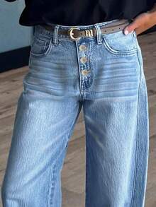 女士经典直筒牛仔裤 - 单扣腰带，宽松版型，日常牛仔裤 - 淺色水洗藍 - 查看 5