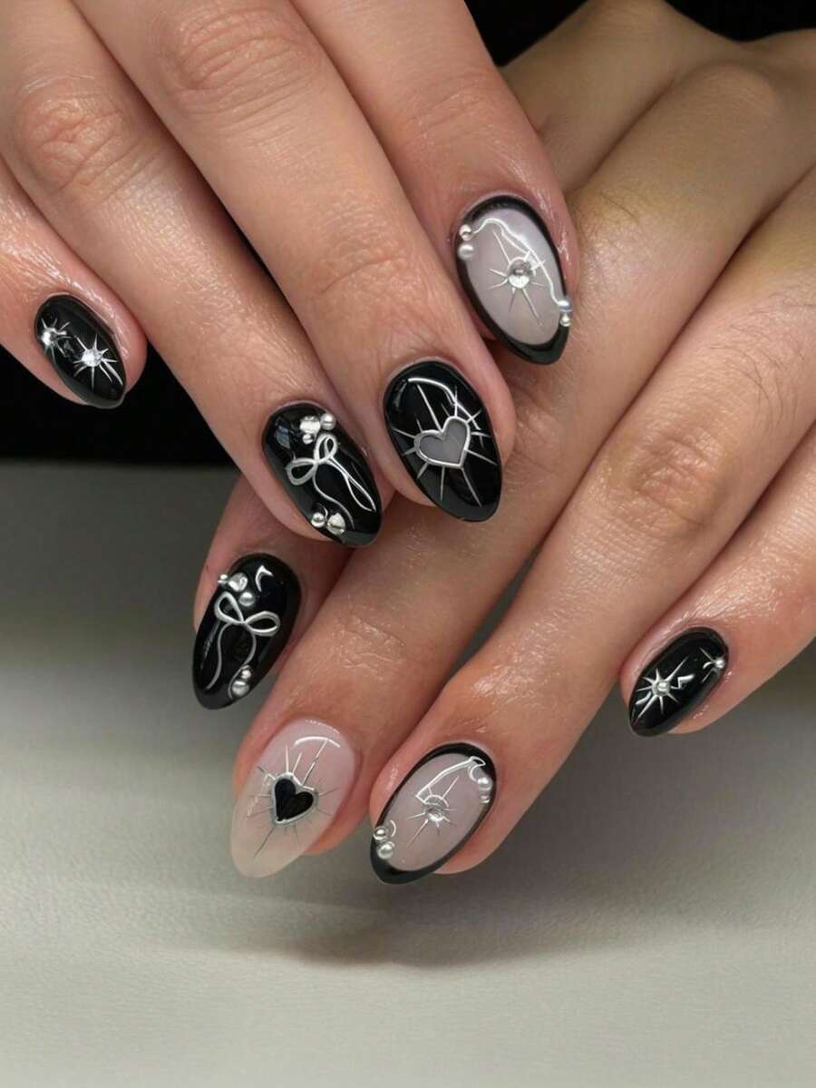 24 Stücke kurze ovale Klebenägel, Französische Maniküre in Schwarz, Herz- und Schleifen-Design, glänzende Komplett-Abdeckung Künstliche Nägel, geeignet für Frauen & Mädchen für den täglichen Gebrauch, Dates, Partys, Valentinstag Nagelbedarf - Verschiedenfarbig - Übersicht 1