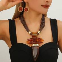 Exaggerated Multi-Layer Handmade Heavy Aluminum Wire Woven Wax Line Bohemian European And American Middle Eastern European Korean Version Evening Party Holiday Ladies Wax Line Resin Ox Horn Shaped Necklace Earrings - Coffee Brown - View 5