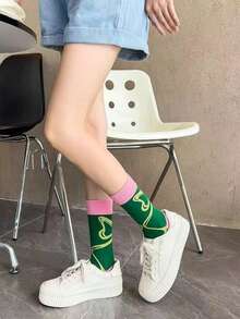 Calcetines de media pantorrilla con bloques de color dulce y fresco, calcetines retro de colores llamativos con diseño de rayas de lazo - Multicolor - Ver 2