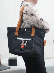 New Black Hooded Fashionable Shoulder Bag With English Letter & Floral Print, Versatile For School, Campus, Library, Commute, Shopping, Travel, Large Capacity Casual Tote Bag