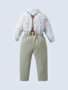 BOARNSEORL 2pcs Young Boys Gentleman Outfit, Long Sleeve Printed Shirt With Bow Tie And Green Suspender Pants, Fashionable & Elegant For Birthday, Anniversary, Party, Daily Wear - Green - View 4