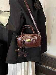 1pc Plush Doll Decor Crossbody Tote Bag, Large Capacity Soft Leather Boston Handbag For Moms, Suitable For Commuting All Year Round - Burgundy - View 3