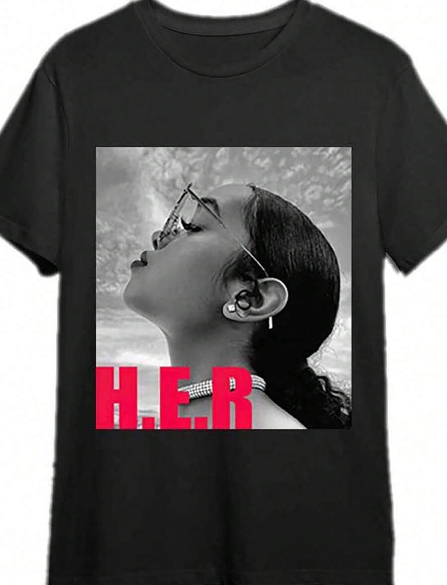 HER Gabriella Wilson Mens Graphic T-Shirt - Artist Portrait Tee With Bold Red HER Lettering Loose Fit Casual Shirt For E - 黑色 - 查看 1