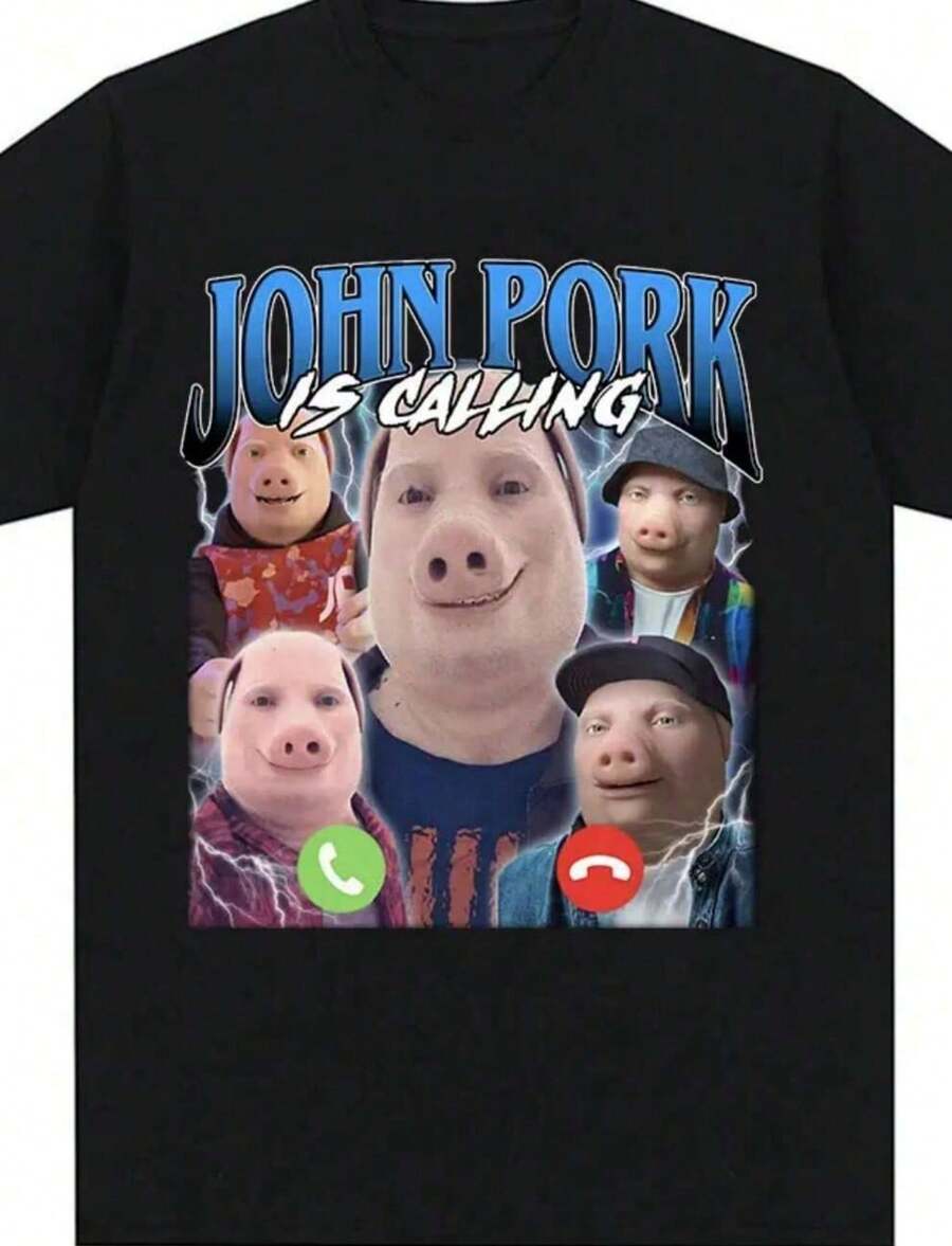 John Pork Is Calling T-Shirt Funny Humor Pig Meme Design Graphic T Shirt Fashion Hip Hop Short Sleeve Cotton Oversized T - màu đen - Xem 1