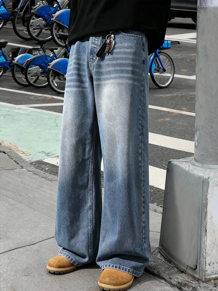 Quần jeans nam dáng rộng, thoải mái, thích hợp mặc hàng ngày đi làm, có túi và cúc. - Rửa tối - Xem 1