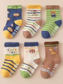 6對組幼童男童梳毛卡通動物防滑地板襪子