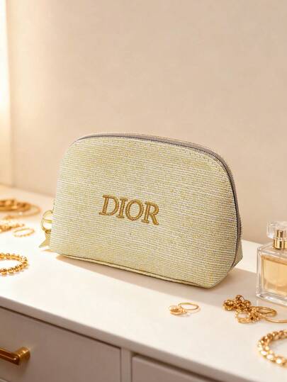 Dior 金色奢华材质化妆包，饰有烫金标志，节日生日礼物，限量版女士化妆包