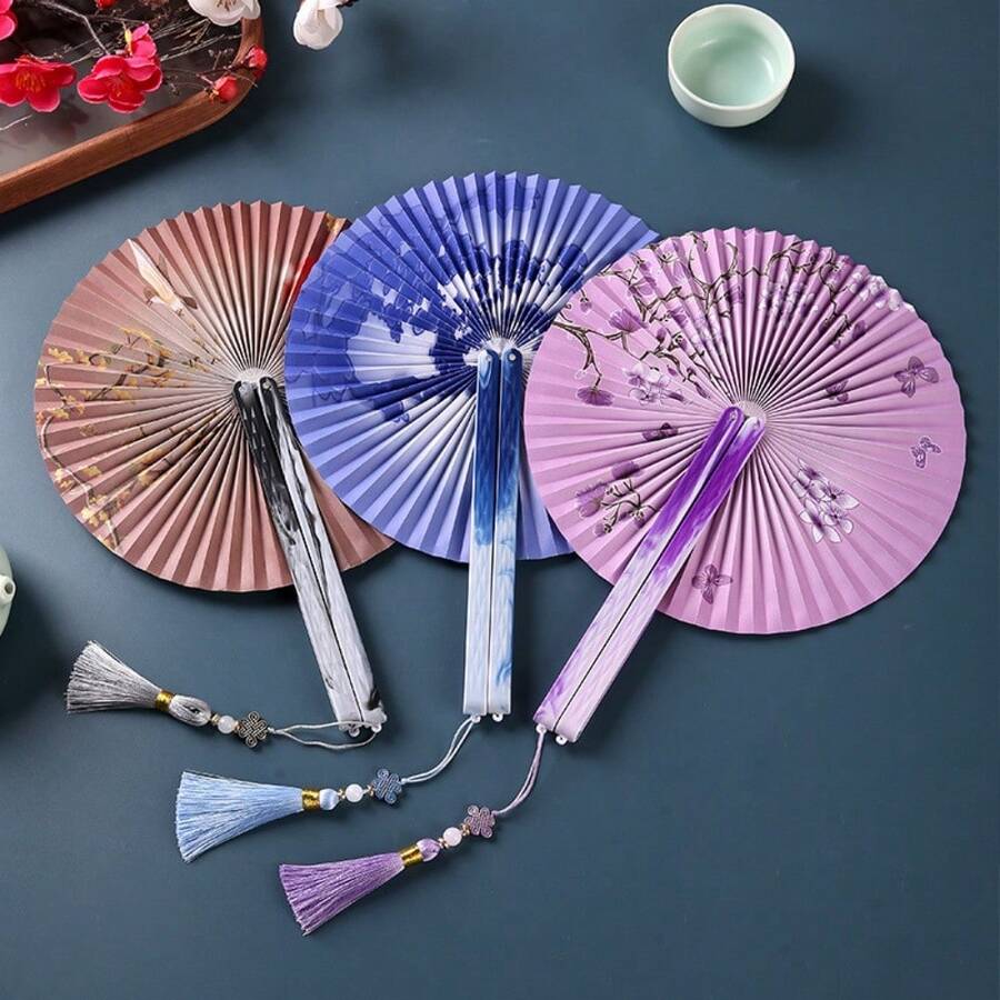 1pc Chinese Style Folding Paper Fan, Decorative Hand-Held Folding Fan, Suitable For Spring/Summer, Costume, Party, Dance Performance, Photography Props, Retro Tassel Round Fan, Classical Hanfu/Cheongsam Fan, Women Folding Fan