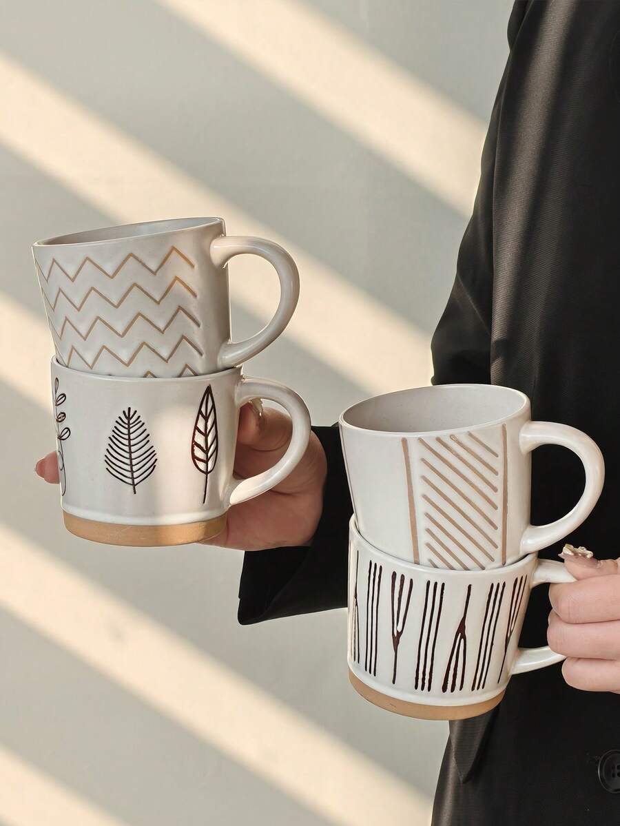 1个日式复古粗纹陶瓷咖啡杯，创意手工粗纹陶瓷杯，家用燕麦早餐杯，水杯 - 彩色 - 查看 1