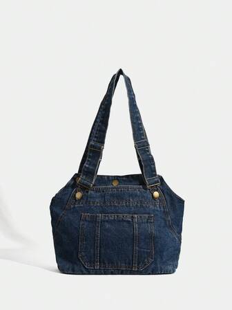 1 st flerskiktad denimväska, moderiktig axelväska för kvinnor, enfärgad design med metalliska detaljer, broderad väskkropp, stor kapacitet, lämplig för studenter, resor etc.