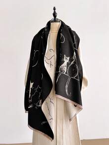 1pc Faux Cashmere Minimalist Cute Cartoon Cat Pattern Jacquard Warm Scarf/Wrap For Women, Fashion Versatile Air Conditioning Shawl Blanket, Suitable For Autumn/Winter - Multicolor - View 2