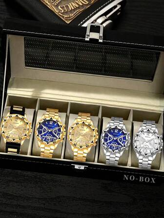 5 件/套男士不锈钢表带时尚商务风格石英表，适合作为节日礼物、日常装饰