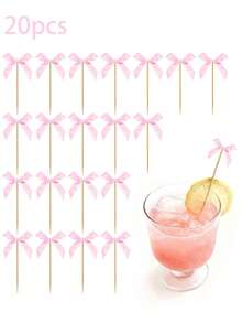 20支粉色蝴蝶结鸡尾酒搅拌棒，多功能一次性水果签，适用于派对蛋糕装饰、纸杯蛋糕装饰、婚礼、生日、婴儿派对、订婚、情人节派对装饰