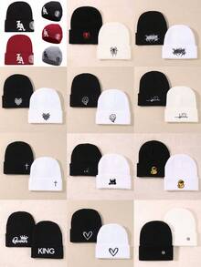 男女通用Y2K风格刺绣针织滑雪帽，户外防寒针织帽，休闲百搭冬季保暖帽，适合日常通勤 - LA - 查看 1