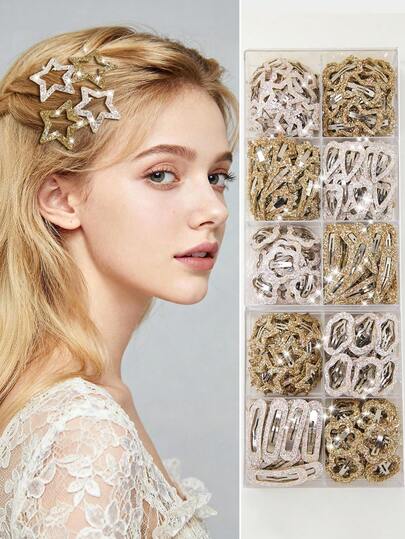 20 piezas Clips para el cabello de niña con estrellas, corazones, meteoros, gotas de agua, nubes, lazos y osos de estilo aleatorio en dorado y plateado con brillo, clips para el flequillo, para uso diario, pinzas para el cabello, accesorios para el cabello, accesorios para la cabeza, accesorios para el cabello para mujeres