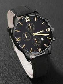 5件套男士商务石英指针单日历PU表带手表，黑色高端腕表套装，适合男士学生和成人 - 黑色 - 查看 5