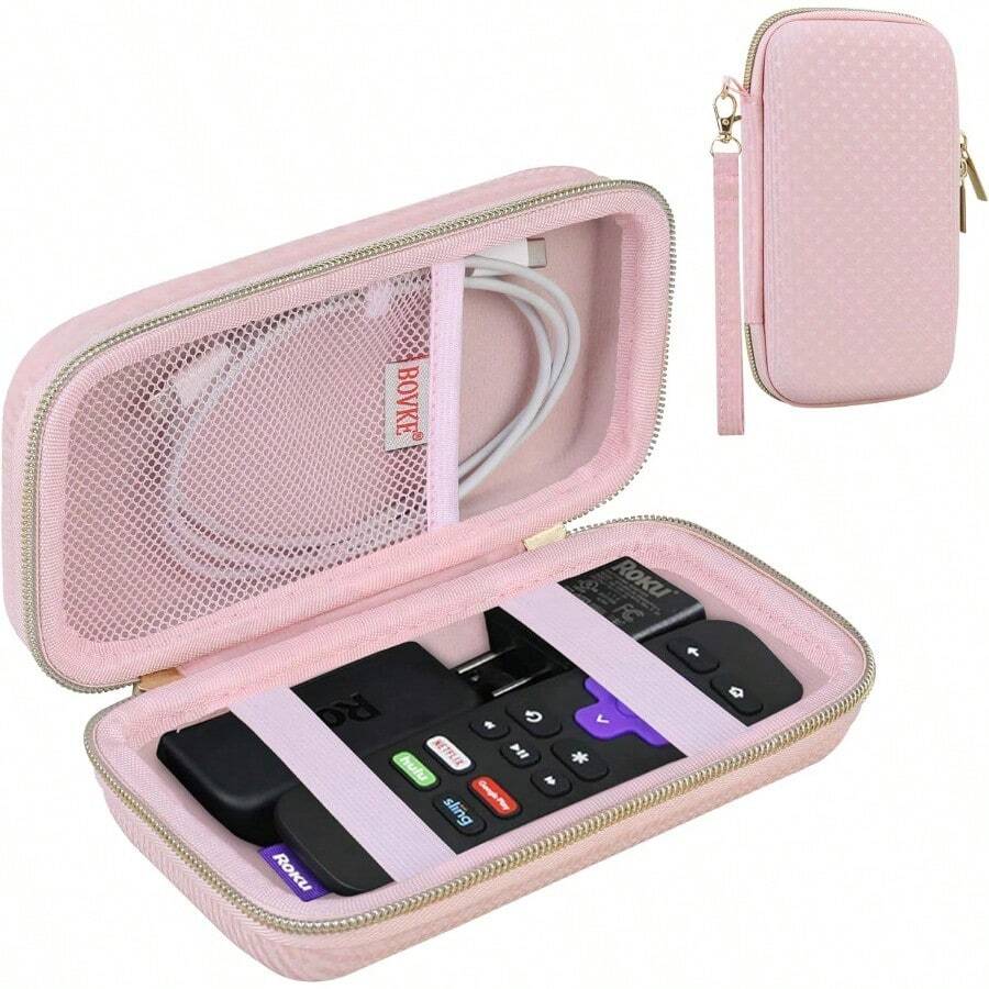 AWYYBOVKE Hard Case For Roku Voice Remote Controller Roku Streaming Stick+/ 4K Roku Remote Case For Roku TV Steaming Stick 3820R/ 3821R/3941R Extra Mesh Pocket For Adapters Cables Pink Star - 粉紅之星 - 查看 1