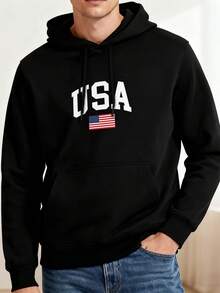 1pc Independence Day Unisex Hoodie USA Flag Print Black Hoodie, Hoodies For Men Lightweight Polyester Material, Simple Crossprint Drawstring Hoodie, Machine Washable, For Spring/Summer/Fall, Independence Day, Labor Day, Veterans Day - 黑色 - 查看 1