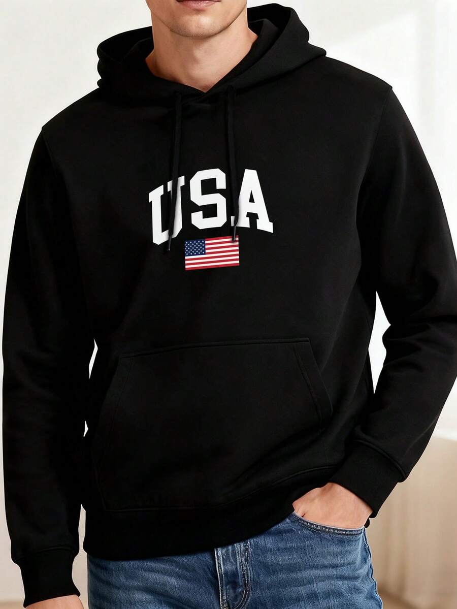 1pc Independence Day Unisex Hoodie USA Flag Print Black Hoodie, Hoodies For Men Lightweight Polyester Material, Simple Crossprint Drawstring Hoodie, Machine Washable, For Spring/Summer/Fall, Independence Day, Labor Day, Veterans Day - 黑色 - 查看 1