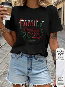 1PC 100% Cotton Family Christmas 2025 Making Memories Together Graphic Print Women's Short Sleeve TShirt - Negro - Ver 1