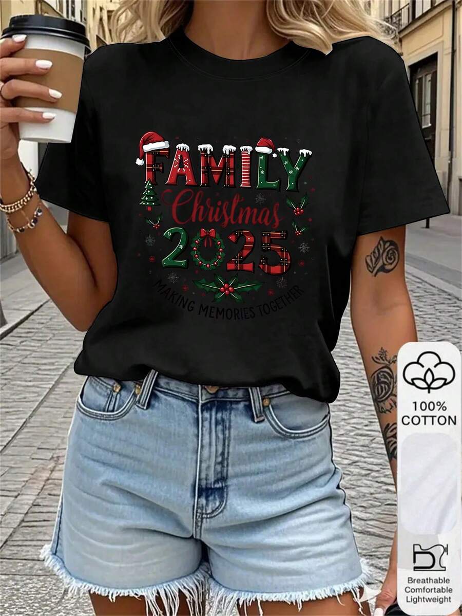 1PC 100% Cotton Family Christmas 2025 Making Memories Together Graphic Print Women's Short Sleeve TShirt - Negro - Ver 1
