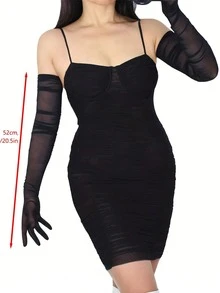 2双优雅长款女士手套，弹性网纱蕾丝透气半透明正式派对婚礼手套配饰臂套 - A - 查看 2