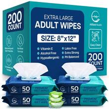 Body Wipes For Adults Bathing No Rinse - Adult Wipes For Elderly 8" X 12" 200 Count Shower No Rinse Incontinence Disposable Washcloths Aloe Vera Vitamin E + 4 Individual Packs - Gói 4 khăn lau 200 tờ - Xem 2