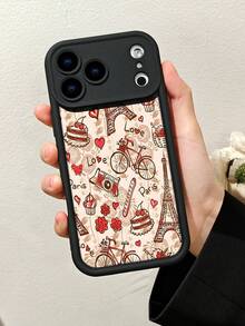 1 pieza Funda de teléfono con diseño de Torre Eiffel, bicicletas, pasteles y corazones en estilo parisino ideal para amantes del romance y la cultura francesa TPU soft case, protección completa antideslizante y anti-caída, compatible con iPhone17 ProMax/16/15/14/13/12/11/Plus/Pro/ProMax, compatible con Galaxy A34/A35/A54/A55, Galaxy S20/S21/S22/S23/S24/S25 Ultra/Plus, compatible con Galaxy/Redmi/Honor/OPPO/ViVo - Negro - Ver 6