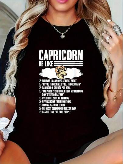 Women's Capricorn Zodiac Birthday Horoscope T-Shirt - Funny Astrology Graphic Tee With Bold CAPRICORN Text, Black Shirt - Soft Cotton Crewneck Top For Capricorn Women (Sizes S-XXXL) - Perfect Zodiac Gift For Goat Season, Casual Wear, Geometric Design, Relaxed Fit Printed T-Shirt