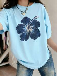女童图案印花短袖 T 恤，学生幼童服装，适合准备玩耍的女孩的夏季休闲上衣 - 藍色 - 查看 4