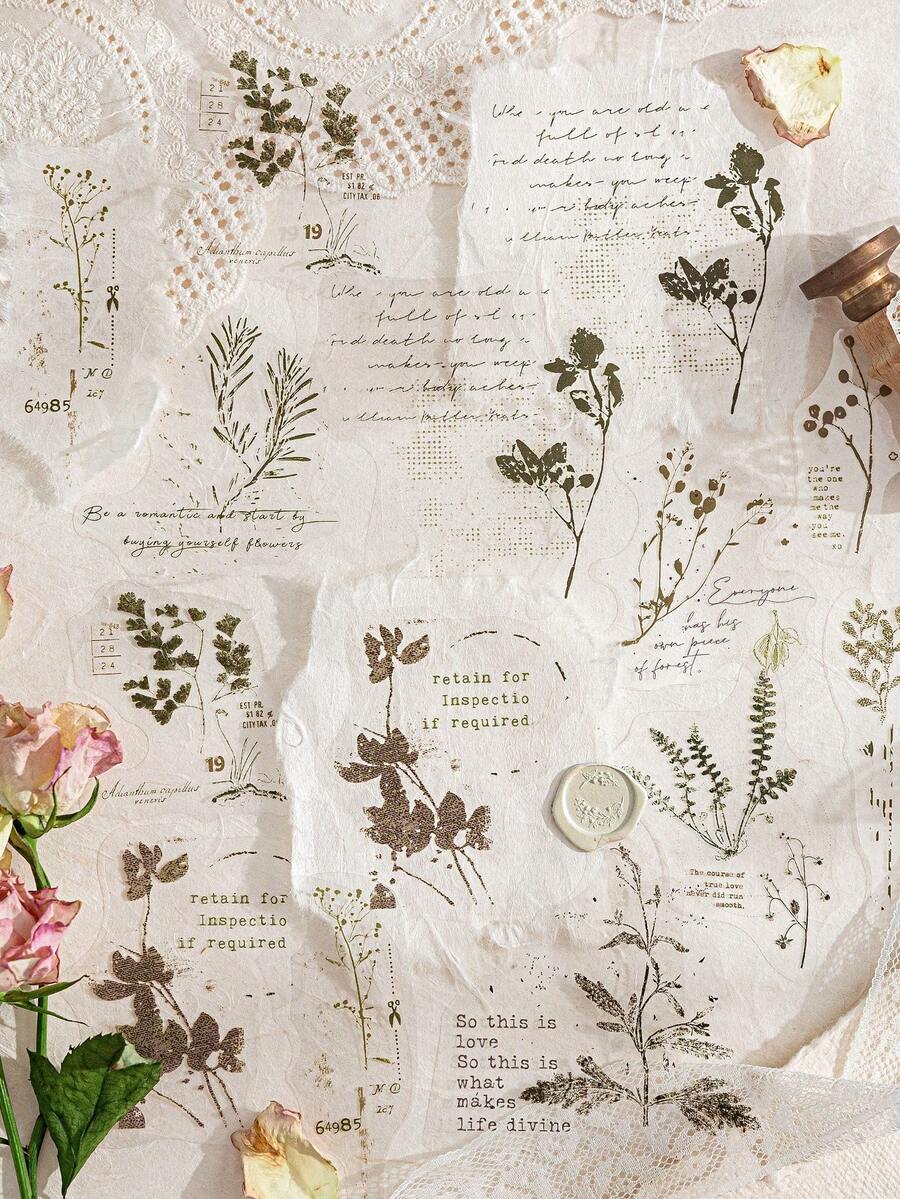 20pcs/Pack (10 Designs, 2 Of Each) Cute Plant Branches, Flowers, Leaves Stickers For Scrapbooking, Vintage English Notes, Collage Decoration, Diary DIY, Waterproof Transparent Stickers, Stationery Supplies Scrapbook Supplies - Multicolor - View 1