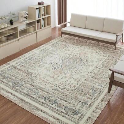 COOVA 5x7 Washable Rug Vintage Rug Traditional Style Thin Mat Retro Kitchen Indoor Distressed Non-Slip Carpet Floral Print Mat Suitable For Living Room, Bedroom, Dining Room,Rhombus Dark Grey