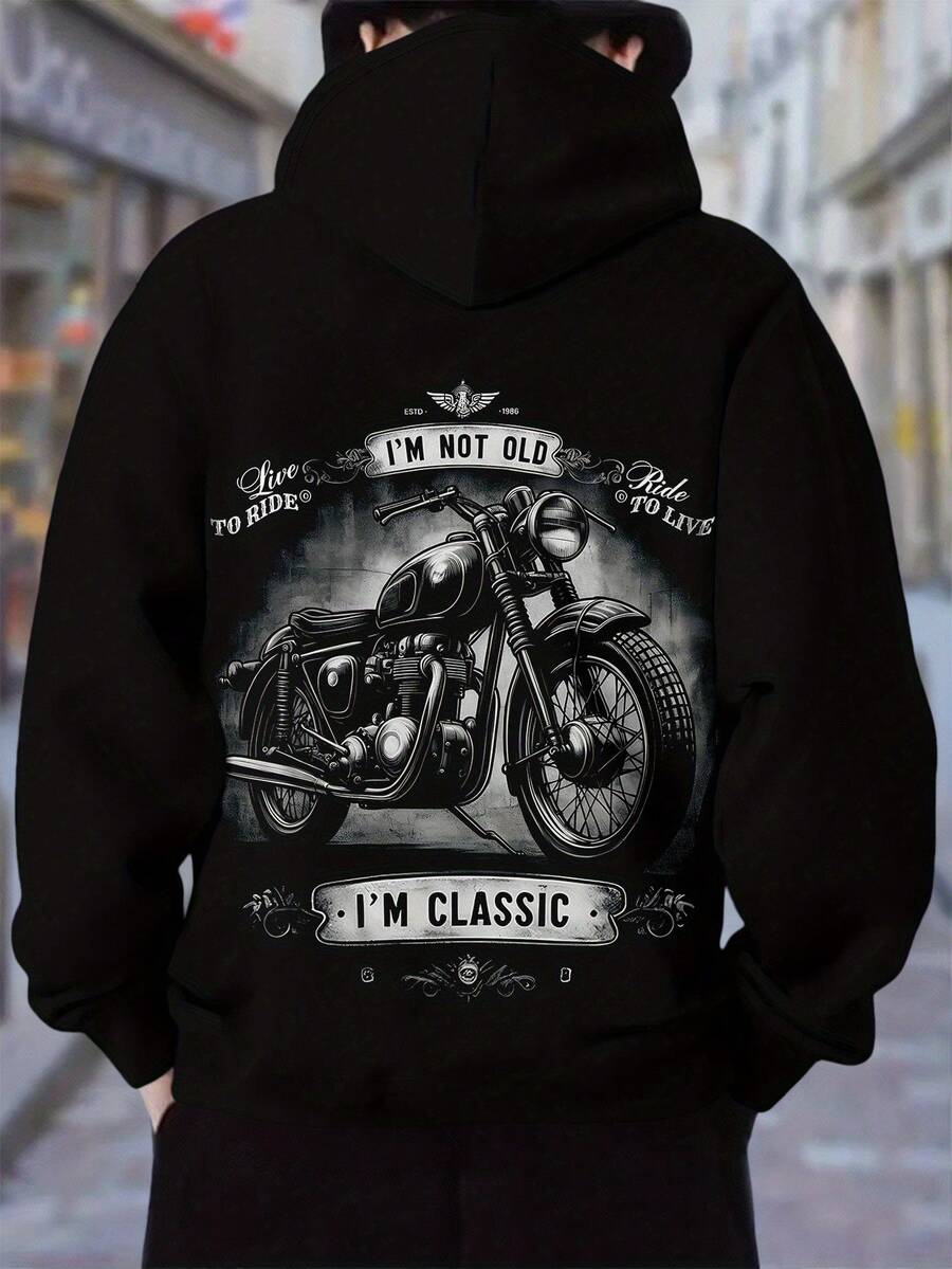 Herren Kapuzenjacke - Vintage Motorradstil und Motto Ich bin nicht alt, nur Old School - Schwarzes Sweatshirt für Biker, lässige Urban Kleidung (maschinenwaschbar), pflegeleicht, strapazierfähiger Stoff, Retro-Stil, klassisches Kleidungsstü, Urban Mode VPBW - Schwarz - Übersicht 1