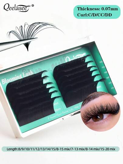  Qeelasee 12排易扇睫毛 0.07mm 自动开花睫毛嫁接 自成簇 快速扇形浓密睫毛 自然柔软妆前睫毛