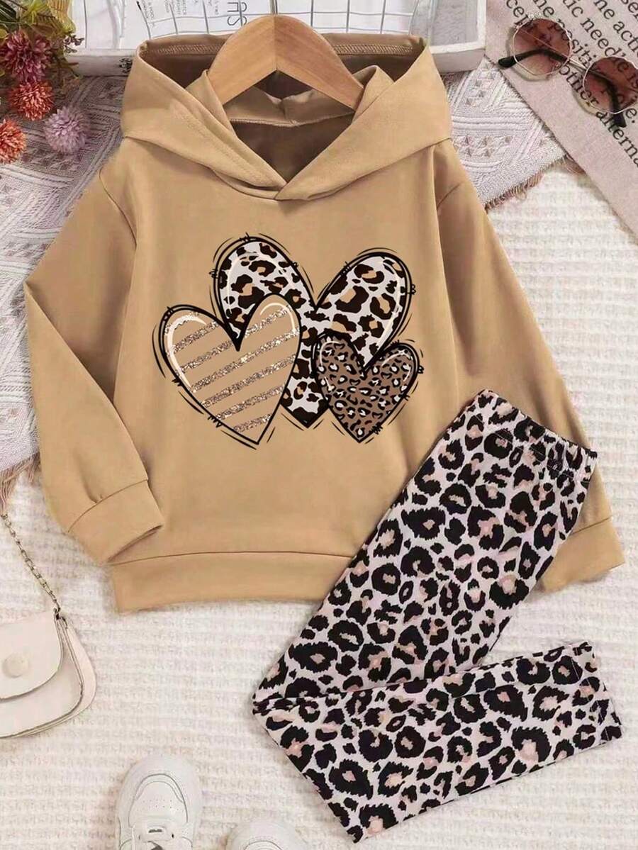 Tween Girl Leopard Print Heart Graphic Hoodie Sweatshirt And Leggings Casual Outfit - Khaki - View 1