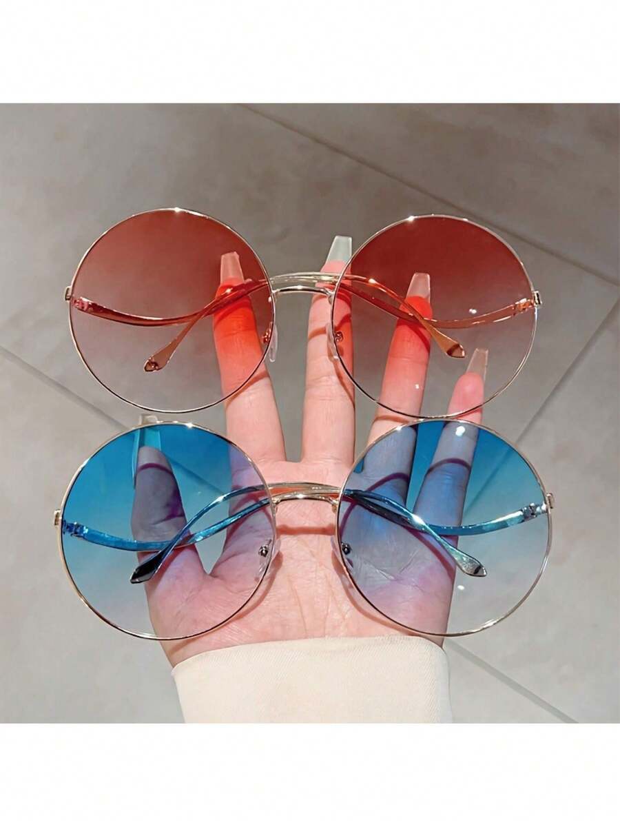 1 Pair Of Women's Oversized Round Fashion Glasses - Full Frame Metal Frame, Curved Ear, Lightweight And Durable, Suitable Daily Wear And Party Accessories, Fashionable Design Men And Women, Party Glasses, Fashion Glasses, Polycarbonate Lenses, Fashion Frame, High-Quality Lenses, Fashion Frame, Fashion Enthusiasts - Gradient Hồng - Xem 1