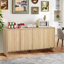 Sideboard Buffet Cabinet, Accent Storage Cabinets With 4 Doors, Farmhouse Wood Cabinet With Adjustable Shelves And Wave Panel For Living Room, Dining Room, Entry - natural - View 9