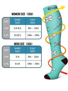 6双装女士压缩袜，可爱医用图案过膝袜，护士专用压缩袜，运动袜，适合跑步、骑行、徒步、旅行 - 彩色 - 查看 3