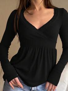 Women's Fairy Style Long Sleeve Lace Trim Shirt Cute Wrap V Neck Slim Fit Solid Color Babydoll Blouse Soft Skin Friendly Sexy T Shirt  For Home Office  Running  Jogging  Street Style Outings  Vacations  Hiking  Going Out  Parties - 黑色 - 查看 4