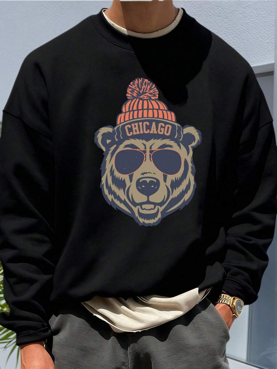 男士休闲宽松圆领卫衣，饰有熊头图案印花，芝加哥主题设计，秋季款 - 黑色 - 查看 1