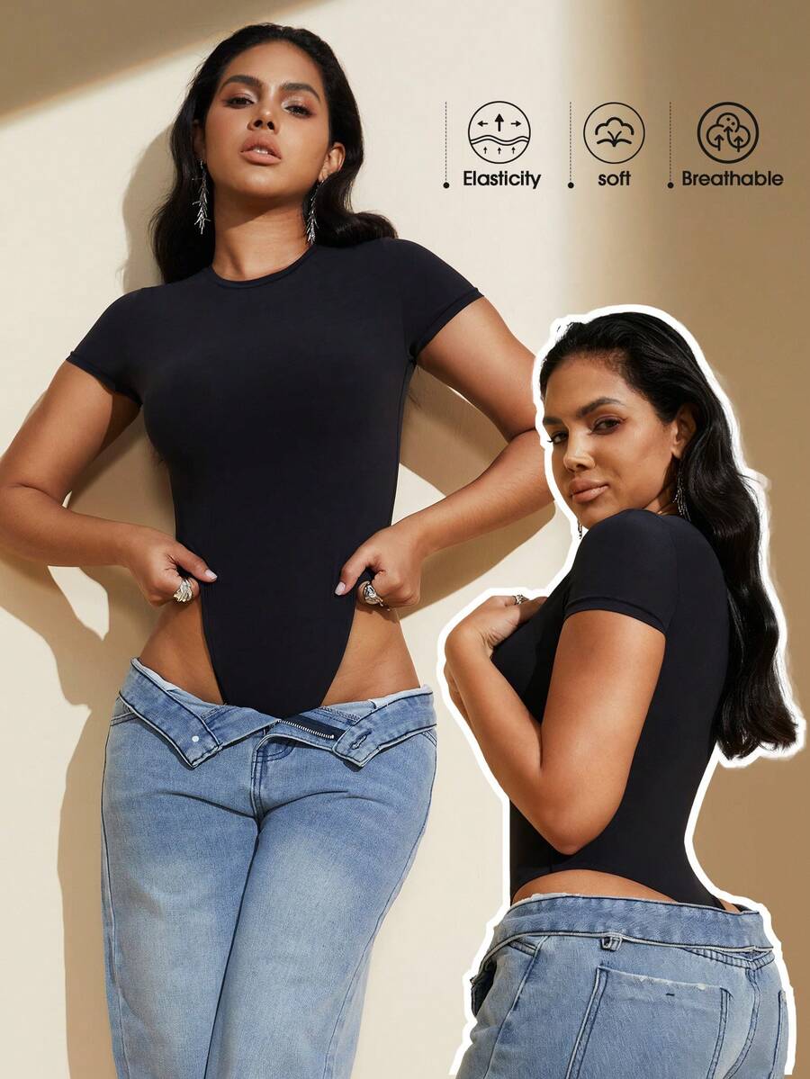 1 件装女士黑色无缝圆领短袖性感紧身衣丁字裤 - 黑色 - 查看 1